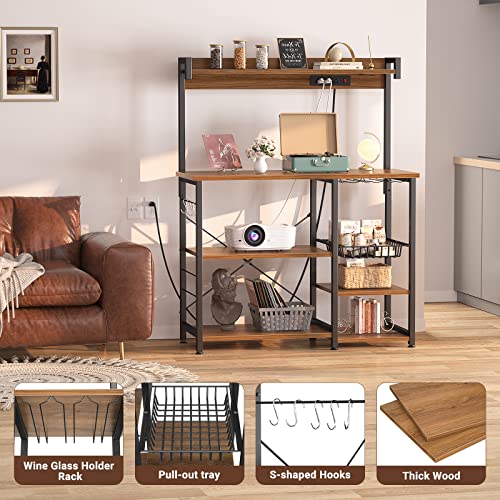 Topfurny Bakers Rack with Power Outlet, Microwave Stand, Kitchen Storage Shelf with Wire Basket, Coffee Bar Station with Wine Glass Holder, Kitchen Rack for Spices, Pots, and Pans, Rustic Brown