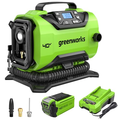 Greenworks 40V Cordless Tire Inflator, 160 PSI Portable Air Compressor, 2 Power Sources, Auto Shut Off, for Car, Bicycle, Motorcycle, Inflatables With 2.0 Ah USB (Power Bank) Battery & Charger