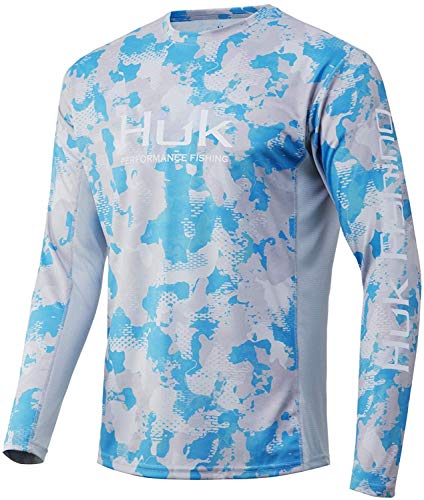 HUK Men's Icon X Camo Long Sleeve Performance Fishing Shirt, Refraction Ice Boat, Small