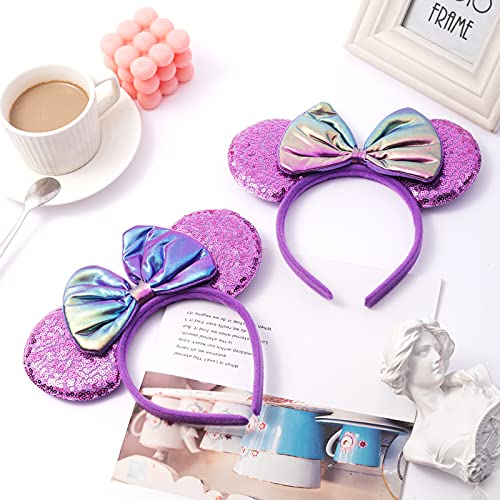 ZYTJ 2 Pcs Mouse Ears Headbands,Shiny Bows Mouse Ears Headbands for Birthday Parties, Themed Events, A Perfect Addition to Your Trip Essentials and Accessories for Women allpurple