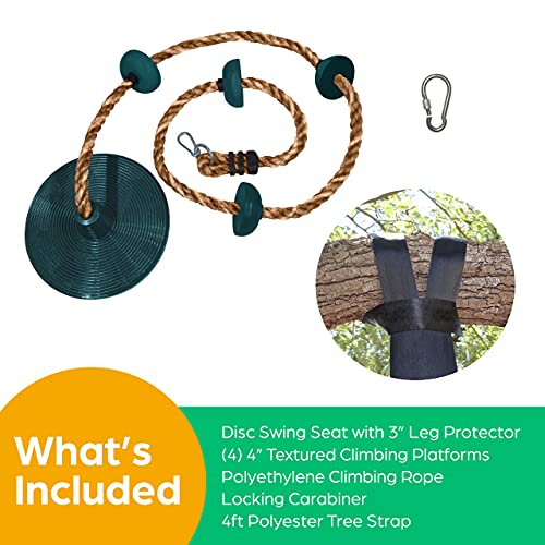 Jungle Gym Kingdom Tree Swing for Kids - Single Disc Seat and Brown Climbing Rope Set w/Carabiner and 4 Foot Strap - Treehouse and Outdoor Playground Accessories - Blue