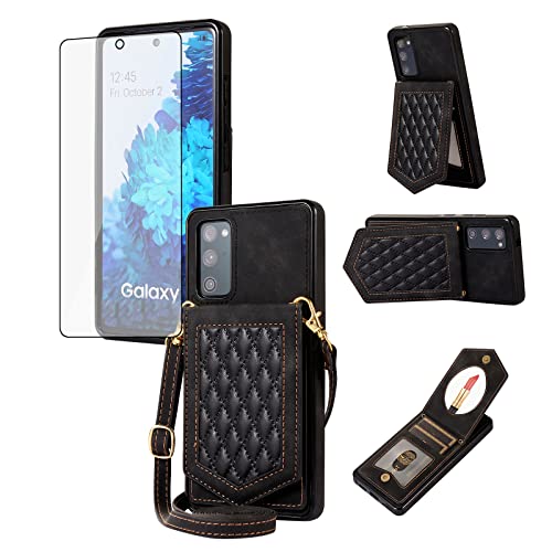 Phone Case for Samsung Galaxy S20 FE 5G 6.5 inch Wallet Cover with Screen Protector and Mirror Card Holder Crossbody Strap Cell S 20 EF UW S20FE5G S20FE 20S S2O Fan Edition 4G G5 Women Girls Men Black