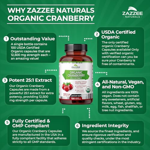 Zazzee USDA Organic Cranberry 25:1 Extract, 12,500 mg Strength, 100 Vegan Capsules, Over 3 Month Supply, Standardized, Concentrated 25X Extract, 100% Vegetarian, Certified Organic, Non-GMO All-Natural