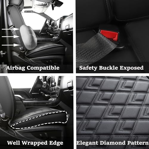 JOJOBAY Chevy Silverado Seat Covers,Leather Seat Covers for GMC Sierra,Custom Fit 2007-2024 1500 2500HD 3500HD Crew Double Extended Regular Cab,LT LZT RST Trail Boss(Front Pair,Black)