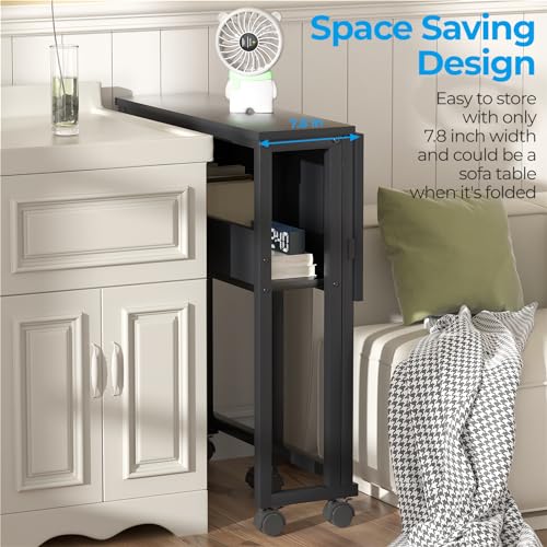GreenForest Folding Desk Small Foldable Table with Storage Shelf,24.8 inch Rolling Computer Desk with Wheels Space Saving for Bedroom Home Office,Easy Assembly,Black