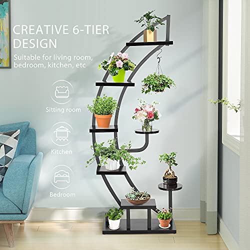 VIVOHOME 6 Tier 9 Potted Steel-Wood Plant Stand with Hanger, Curved Flower Pot Holder Shelf for Indoor, Black