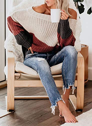 VIMPUNEC Womens Oversized Sweater Color Block Off The Shoulder Pullover Sweaters Cable Knit Chunky Striped Tops White Black S