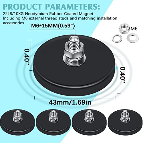 Flutesan Neodymium Magnet Rubber Coated Mounting Small Scratch Safe Black Stud Magnet Painted Surface Waterproof M6 Threaded with Bolts Nuts for Lighting Camera Tools(32 Packs,Black,1.69 Inch)