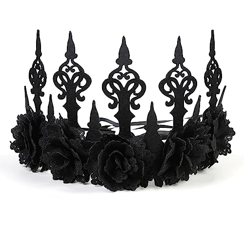 WOVOWOVO Black Rose Flower Crown for Women Girls Halloween Gothic Floral Headbands Hair Accessories Adjustable Queen Tiara Headpiece with Ribbon for Festival Party Photo Prop