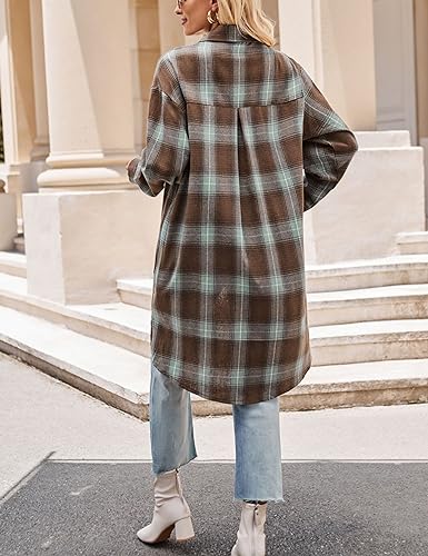 Zontroldy Women's Mid Long Casual Button Down Long Flannel Shirts Plaid Shacket Jacket with Pockets(0909-01Brown-S)