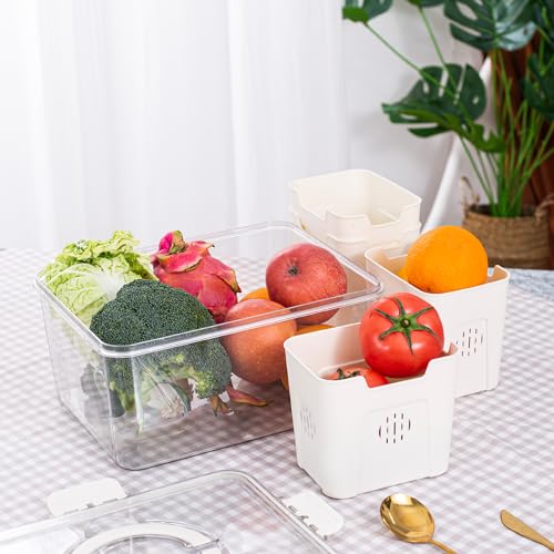 Bandesun Airtight Fruit Storage Containers for Fridge with Lids - 4 Grids, Handle & Removable Colanders, BPA-Free Fresh Produce Saver & Refrigerator Organizer Bins