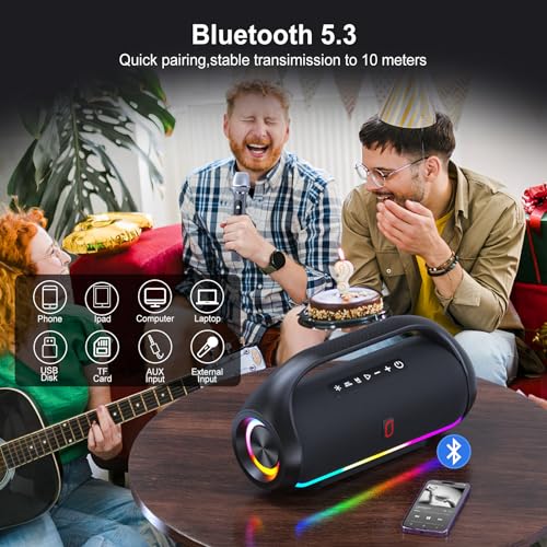 HWWR Portable Bluetooth Speaker Wireless Outdoor: IPX5 Waterproof Bluetooth Speaker with Powerful Bass & LED Lights, 60W Loud Stereo Speaker for Home Party, Beach, Camping, Support USB/TF Card/AUX/TWS