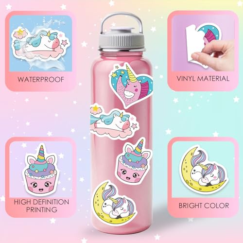 Unicorns Stickers 100 Pcs Waterproof Vinyl Stickers for Water Bottles Pink