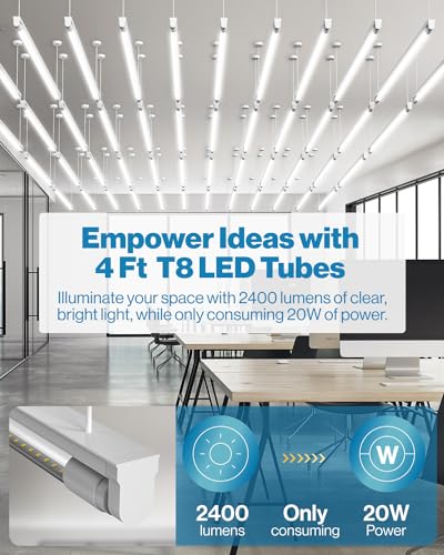 Sunco 10 Pack 4ft. T8 Indoor Industrial Commercial Warehouse Replacement Clear LED Tube Light, 2400 Lumens, Type A+B, Selectable CCT 3000/3500/4000/5000/6000K, 20W, Non-Dimmable, AC100-277V - UL, FCC