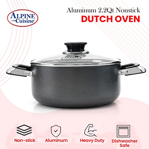 Alpine Cuisine 5.5 Quart Non-stick Stock Pot with Tempered Glass Lid and Carrying Handles, Multi-Purpose Cookware Aluminum Dutch Oven for Braising, Boiling, Stewing