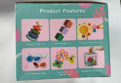 Baby Toys for 6 to 12 Months, Montessori Sensory Bins Toys for Toddlers 1-3, Pull String Teether Infants Bath Toys 6 in 1 Stacking Blocks Rings, Matching Eggs, Suction Cup Spinner Toy