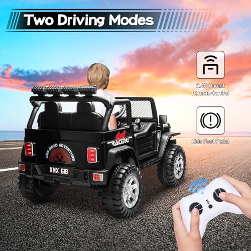 SEHOMY Kids Ride On Truck with Remote, 12V Battery Powered Electric Car for Kids - Two Seater with one Belt, Spring Suspension, LED Lights, Safety Belt, Music, 4 Wheels Kids Electric Vehicles Black
