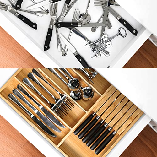 VaeFae Bamboo Silverware Organizer, Utensil Holder for Drawer, Wooden Cutlery Tray with Divider for Kitchen Drawer, Utensil Organizer with Knife Block（Black）