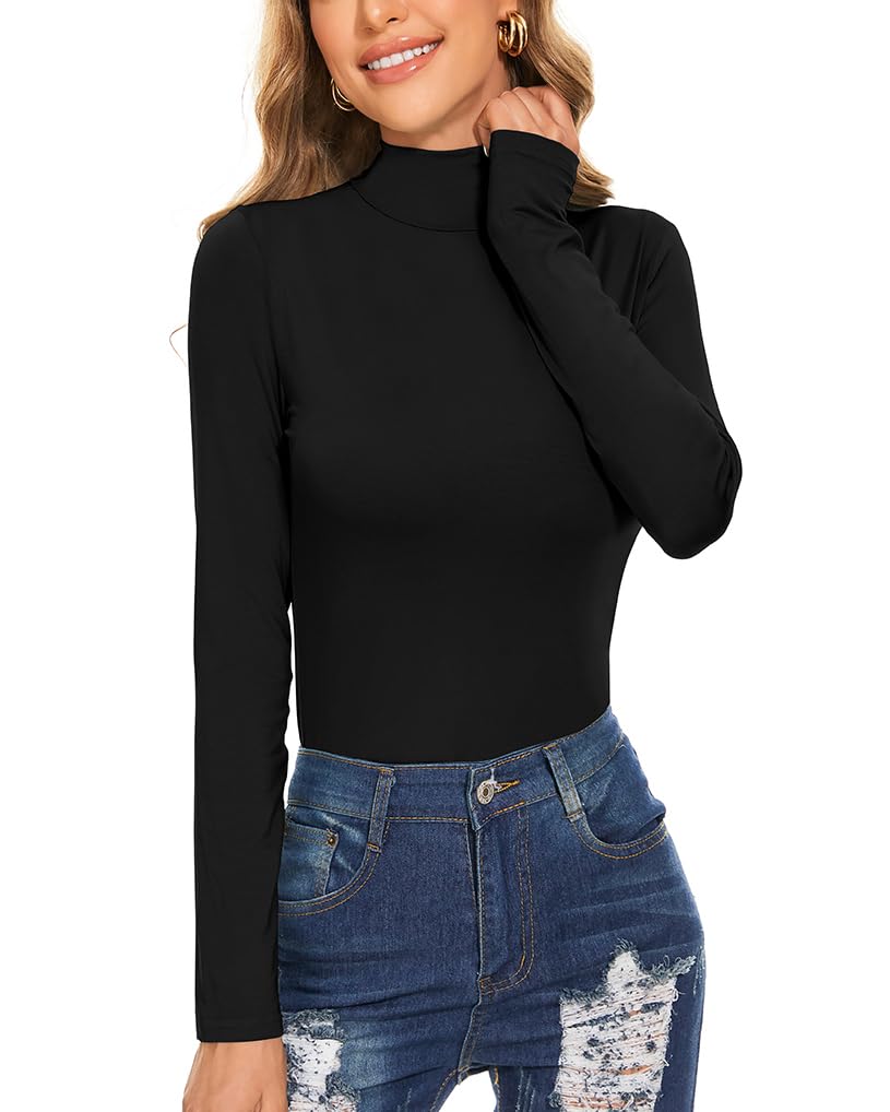 Women's Long Sleeve Mock Turtle Neck Tops Lightweight Slim Fitted Base Layer Shirts Black Medium