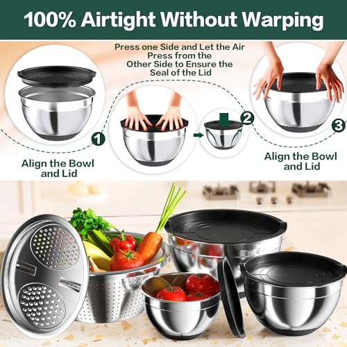 Mixing Bowls with Airtight Lids, Stainless Steel Mixing Bowl Set with 3 Metal Nesting Bowls, Colander & Grater, Non-Slip Bottoms, Size 1.5, 2.5, 6 QT, Great for Mixing & Serving, Black