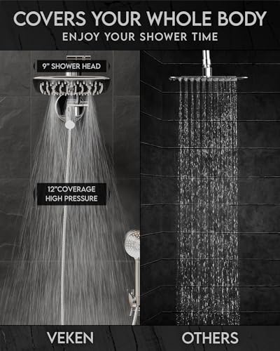 Veken High Pressure Rain Shower Head Combo with Extension Arm- Easy to Install Wide Rainfall Showerhead with 3 Water Spray Modes – Adjustable Dual Showerhead with Anti-Clog Nozzles