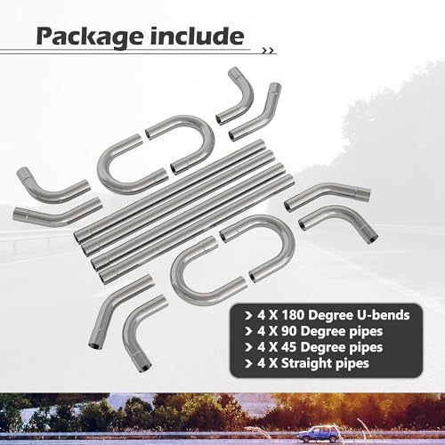 Jaxilyn Exhaust Pipe Kit 2.5 Inches Mild Steel DIY Custom Exhaust Kit Tubing Mandrel Bend Pipe Straight & U-Bend 16 Gauge Universal 8PCS