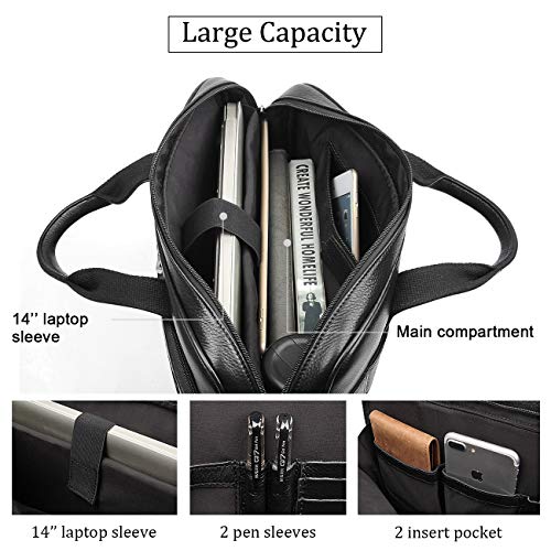 Augus Genuine Leather Messenger Bag for Men Vintage Travel Backpack 14 inch laptop Briefcase Shoulder Bags Black With YKK Metal Zipper