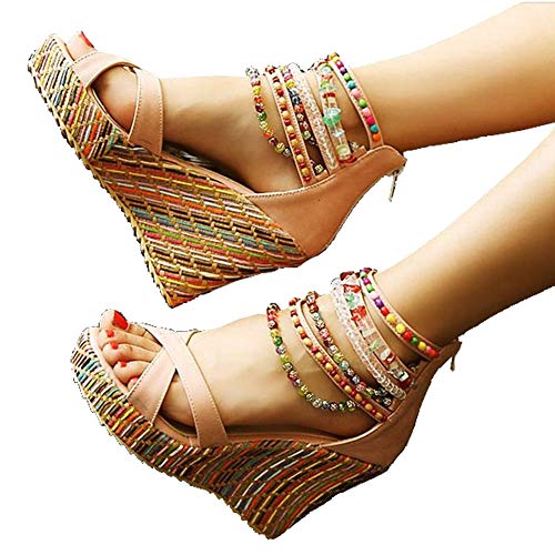 getmorebeauty Women's Wedge Sandals Diamond Across The Top Platform High Heels（US 6 BEIGE）
