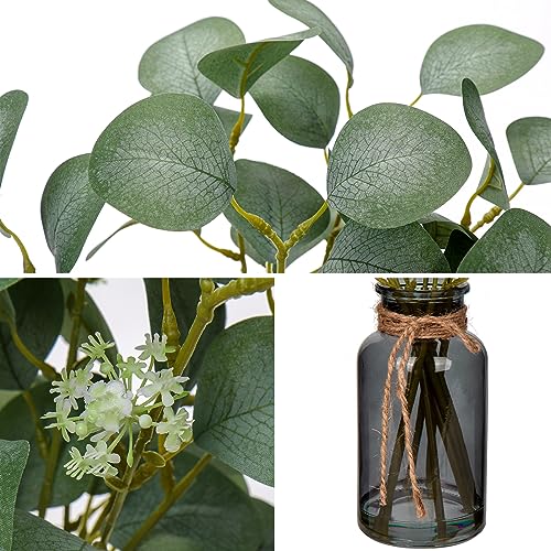 Briful Artificial Eucalyptus Stems in Amber Glass Vase with Faux Water, 14" Fake Plant Eucalyptus Leaves for Home Office Farmhouse Wedding Centerpiece Décor