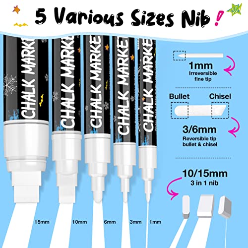 White Window Chalk Markers Pen: 6 Pack White Glass Marker, Liquid Chalk Marker for Chalkboard Signs, Car Window Paint Marker Pen for Bistro, Jars, Erasable, Non-Toxic, 5 Nib Sizes (1, 3, 6, 10, 15mm)