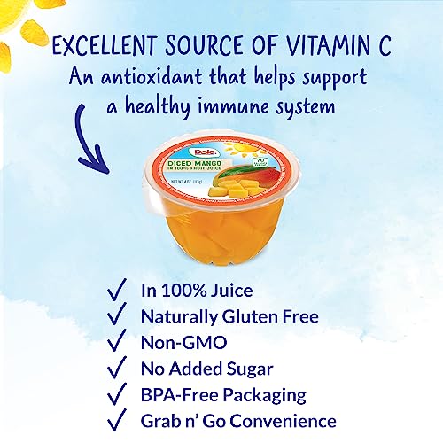 Dole Fruit Bowls Diced Mango in 100% Juice Snacks, 4oz 36 Total Cups, Gluten & Dairy Free, Bulk Lunch Snacks for Kids & Adults
