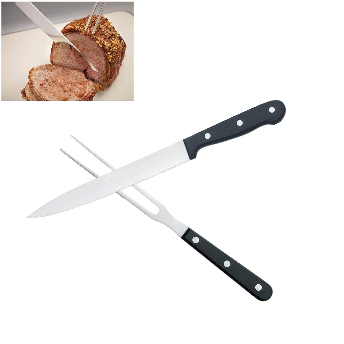 Carving Knife Set for Meat Turkey, Set of 2 Stainless Steel Carving Fork Guard and Slicer Home Gourmet BBQ Tools Cutlery Knives for Brisket Meat Roast Ham