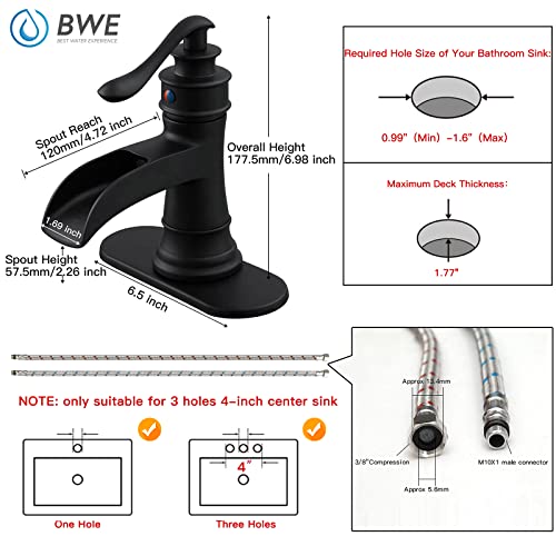 BWE Black Bathroom Faucet Matte Waterfall Sink Farmhouse Bath Vanity Single Hole Faucets One Handle Basin Antique centerset Restroom Mixer Tap Supply Line Lead-Free