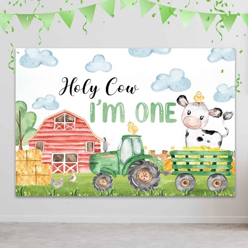 Omifly Holy Cow I'm One Birthday 5Wx3H Backdrop for Photography Kids Milk Cattle Farm Animal Farmhouse Country Cute Green Background Party Decorations Cake Table Banner Decor Photo Booth Studio Props