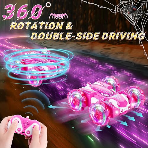 Spider Remote Control Car, 2.4Ghz Double Sided RC Cars with LED Light 360° Rotating RC Drift Car, 4WD Rechargeable RC Stunt Car Spider Toys for Boys 4-6 5-7 8-13 Girls Gifts Indoor Outdoor, Pink