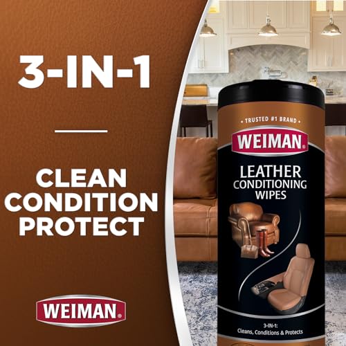 Weiman Leather Cleaner & Conditioner Wipes With UV Protection, Prevent Cracking Or Fading Of Leather Couches, Car Seats, Shoes, Purses - 30 ct