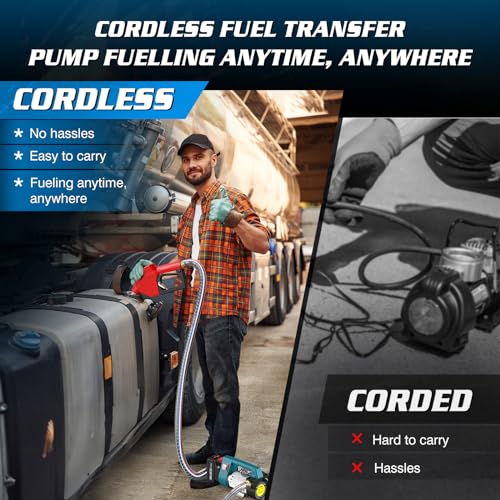 Fuel Transfer Pump Battery Powered, 21V Cordless Diesel Transfer Pump with 2X4.0Ah Battery, 12GPM Portable Self-Priming Diesel Pump Kit with Auto Shut Off Nozzle&Hose for Diesel,Kerosene