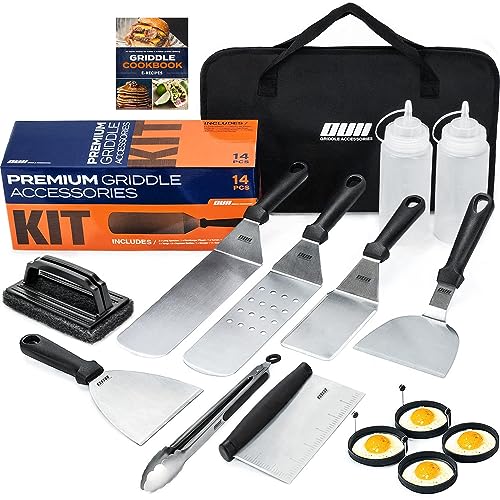 OUII Griddle Accessories Kit for Blackstone and Camp Chef - 3 Pieces Griddle Spatula Set with 4x8 Inches Supersize Griddle Flipper, Turner, Metal Spatulas, Scraper & Hooks for Hibachi Grilling