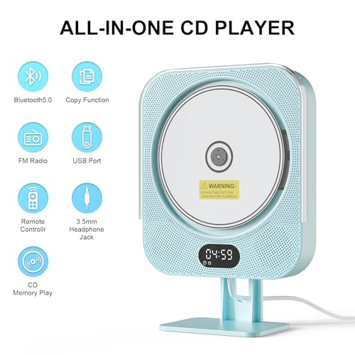 Kpop CD Player with Bluetooth Speakers,Blue Wired Cute Desktop/Wall CD Players for Home with IR Remote Control,FM Radio/CD Music Timer Alarm Clock with LED Display,Support CD/USB/TF/AUX/Copy