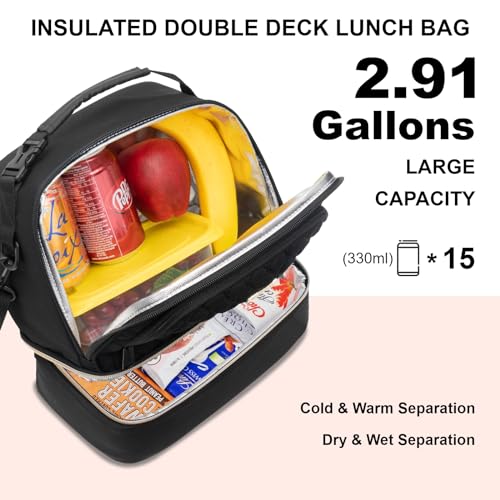 Everfun Insulated Lunch Bag for Women Double Deck Lunch Box 15 Can Leakproof Portable Reusable Tote Bag Lunch Cooler for Work, Black