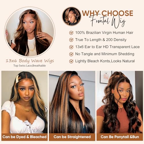 Afribye 13x6 Body Wave 200 Density HD Lace Front Wigs Human Hair Highlight Ombre Lace Front Wig Human Hair Pre Plucked FB/30 Glueless Lace Frontal Balayage Wigs Human Hair for Women 20 Inch