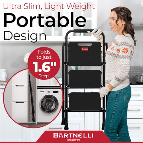 Bartnelli Pro Luxury Step Ladder | European Made 3 Step Foldable Step Stool for Home | Rock-Solid 500 lb Capacity,Built to Last with Highest-Grade Sturdy Steel Construction,Soft Handle, Anti-Slip Feet