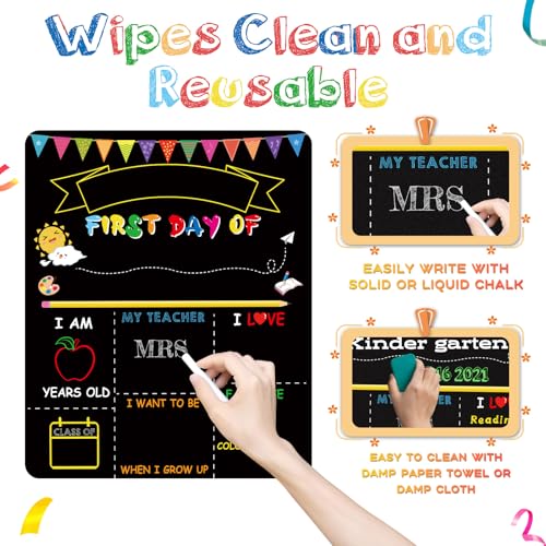 Double-Sided First Day of School and Last Day of School Chalkboard Sign, 12 x 10 inches, Wooden, Reusable, for Kids, Preschool, Kindergarten, 1st Grade (Black, 10 * 12")