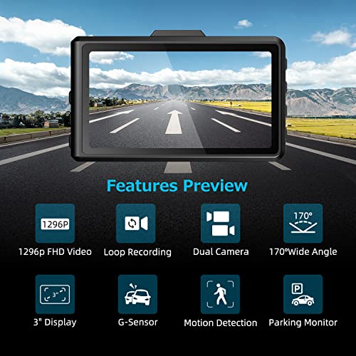 Dash Cam Front and Rear, SPADE Dual Dash Camera 1296P with 32G SD Card, Waterproof Backup Camera, DVR Car Dashboard Camera with Night Vision WDR G-Sensor Parking Monitor Loop Recording[UP-Grade]