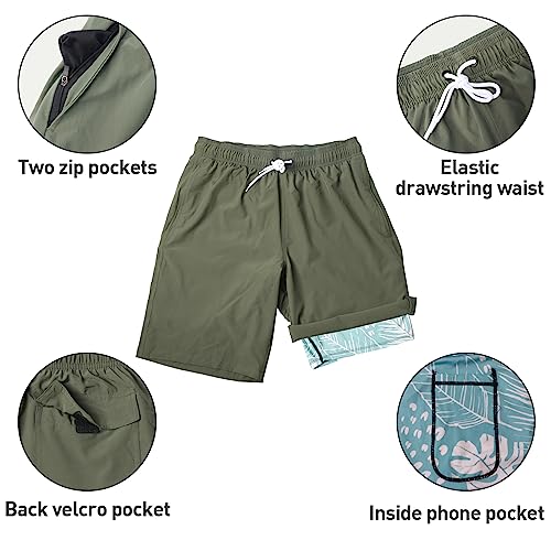 Arcweg Mens Swim Trunks with Compression Liner 9" Inseam Quick Dry Beach Shorts with Pockets Swim Shorts