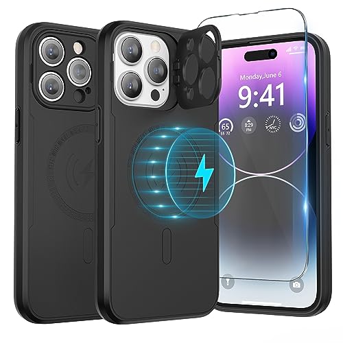 ABITKU Magnetic Case for iPhone 15 Pro Max 6.7 inch, with Camera Protector Kickstand Cover (Compatible with MagSafe & Car Holder), with Screen Protection Shockproof Phone Case for Men Women (Black)