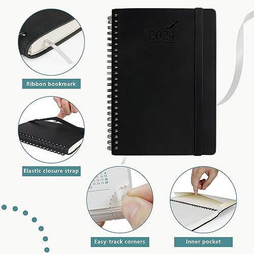 Pocket Planner 2024 2025 by BEZEND, 18 Months (July24-Dec25) [Black] Small Academic Year Planner, Daily Weekly and Monthly Calendar, Spiral Bound, Vegan Leather Soft Cover