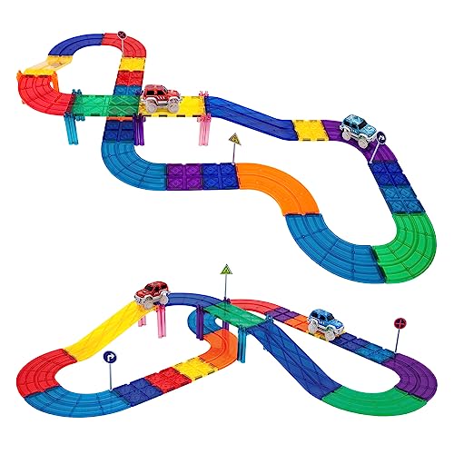 PicassoTiles Magnetic Race Track Toys Car Tracks Set for Toddlers Magnet Building Blocks Tiles Sensory Toys for Kids Include 2 Trucks STEM Engage in Thrilling Races Age 3+ Year Old Boys Girls