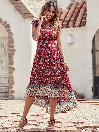 PRETTYGARDEN Women‘s Summer Maxi Dress Floral V Neck Short Sleeve Ruffle Casual Midi Long Dress Black