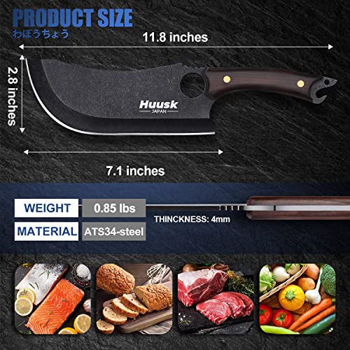 Huusk Japan Knife, Hand Forged Meat Cleaver Knives Japanese Cooking Black Butcher Knife for Meat Cutting Full Tang Cleaver Knife for Kitchen, Camping Thanksgiving Christmas Gifts